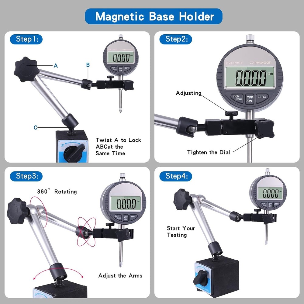 Magnetic Base Stand for Digital Dial Indicator, Three Three-Arm
