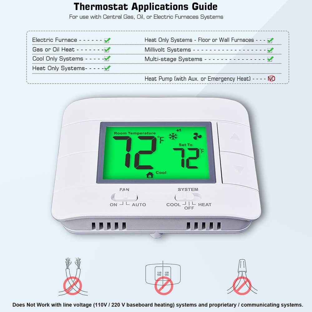 Upgraded Multi-Stage Non-Programmable Thermostats for Home 2 Heat/2 Cool, wit...