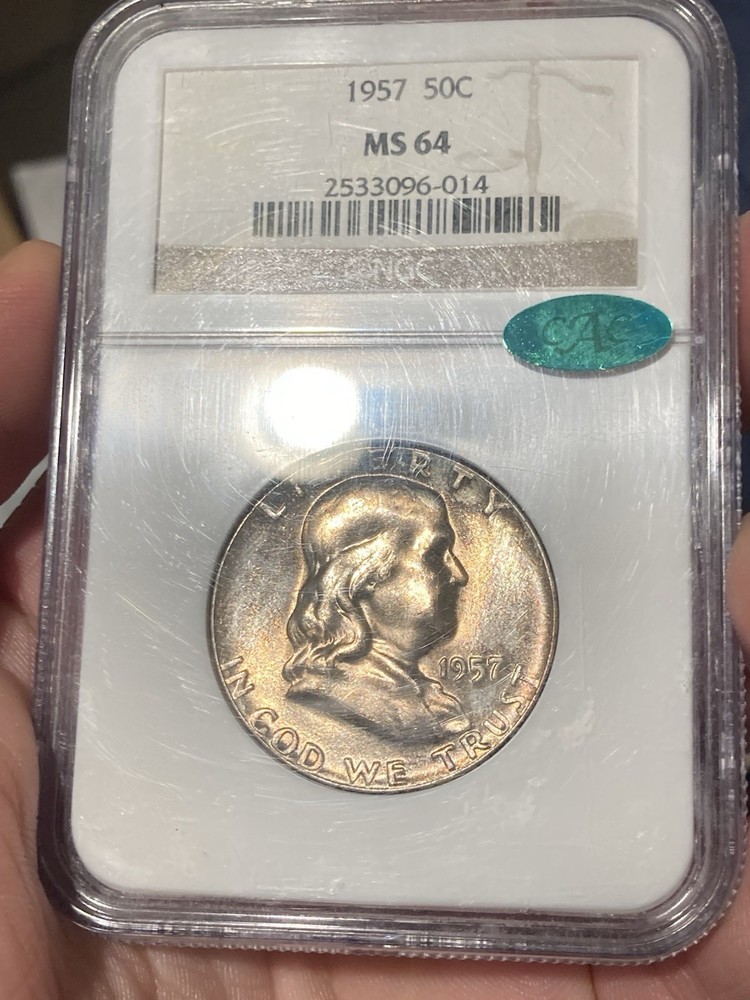 1957 Franklin Half Dollar NGC MS64 CAC Original Toned