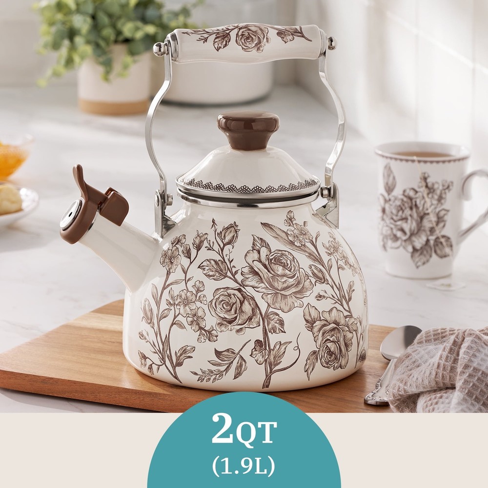 2.0-Quart Enamel on Steel Agatha Tea Kettle Brown