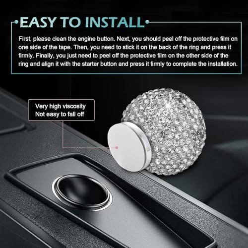 Bling Car Push Start Button Cover, Crystal Round Ball Auto Engine Start white