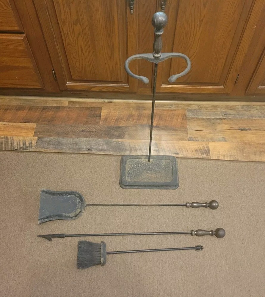 Vintage Antique Solid Brass Hand Forged Fireplace 3 Tools with Stand Set