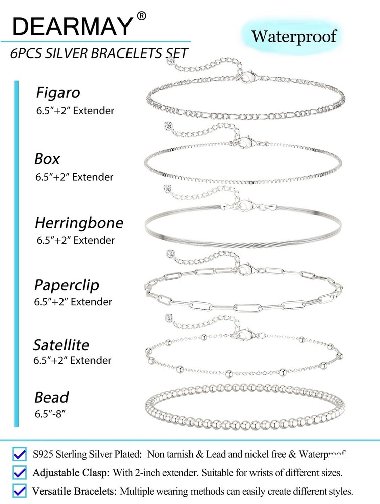 DEARMAY Dainty Silver Plated Bracelets Adjustable, 6Pcs A