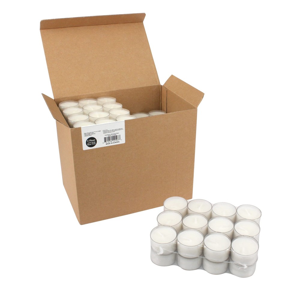 96 Count White Unscented Smokeless Long Burning Clear Cup Tea Light Candles with