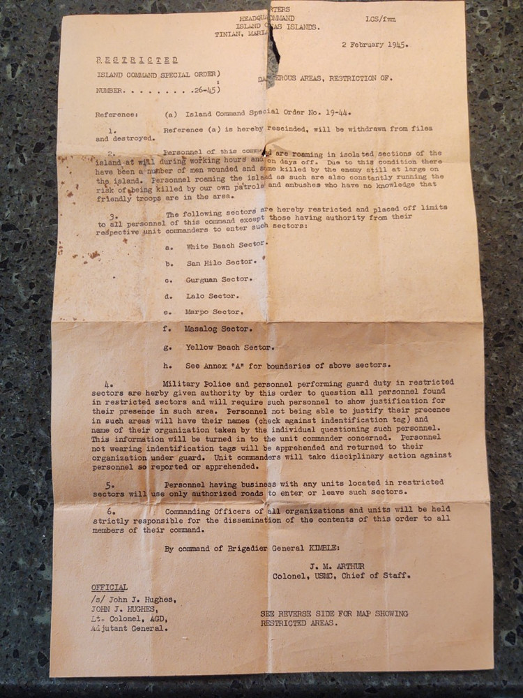 Unusual WW2 Document Island Command Special Order , & map ,Enemy Ambush READ