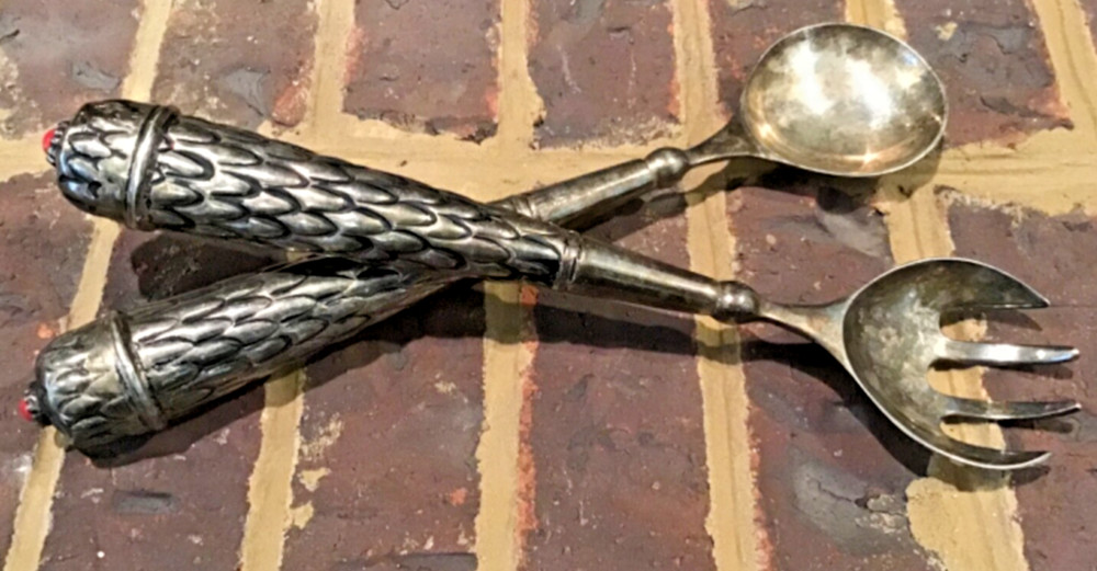 Vintage Salad Serving Set ~ Decorative Scale Fork & Spoon w/ Red Stones