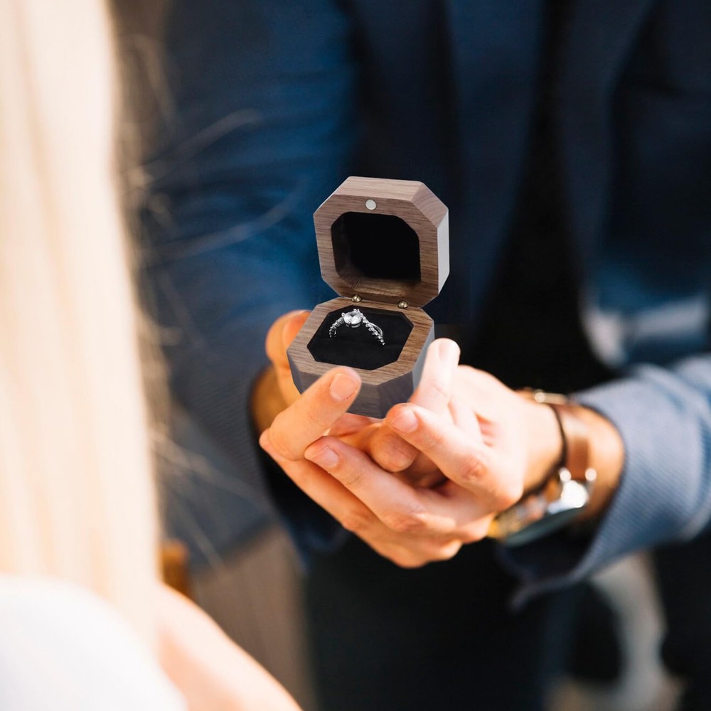Tighall Black Walnut Wood Portable Proposal Ring Box, Octagonal Box