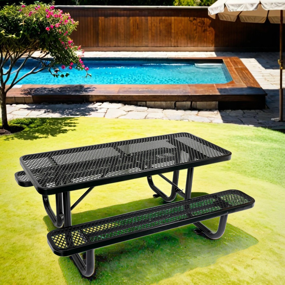 6FT Steel Rectangular Picnic Table w/ Center Umbrella Hole, Black