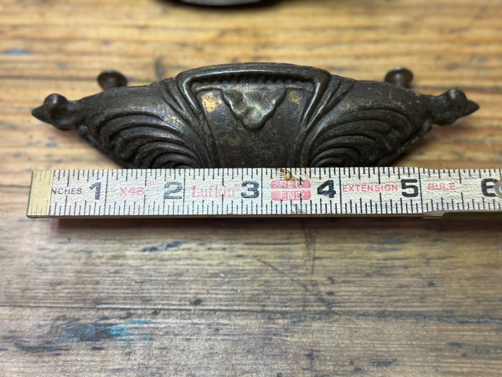 (INCLUDES 7) Vintage Antique Ornate Pressed Tin Cup Bin Pulls 6” (4” Spacing)