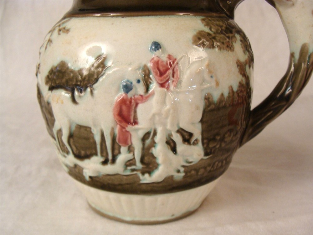 Antique 19C Prattware Pottery Pitcher Hunt Scene Dog Handle
