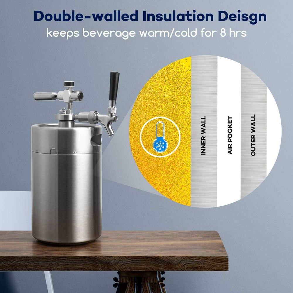 128OZ Double-Walled Mini Keg Growler, Pressurized Home Beer Dispenser System ...