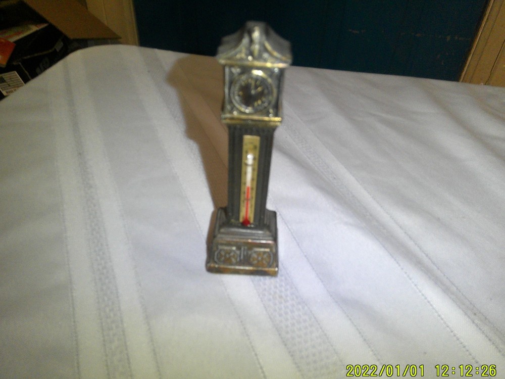 SMALL VINTAGE BRASS THERMOMETER GRANDFATHER CLOCK SHAPE
