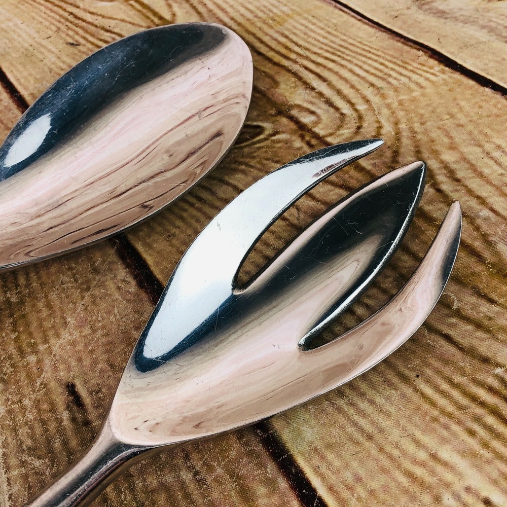 large salad spoon & fork silver look metal 16" ornate