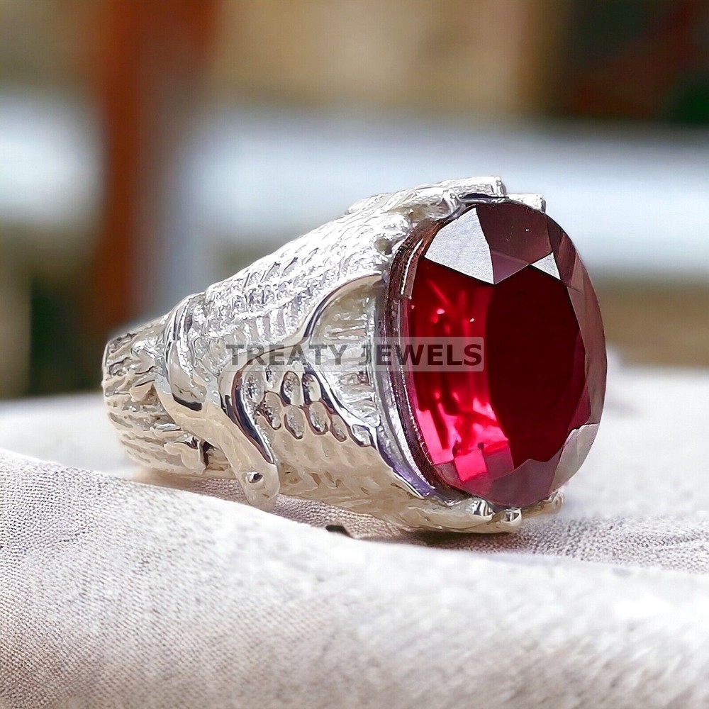Ruby Oval Cut Gemstone With 14K Solid White Gold Ring For Men's #A26