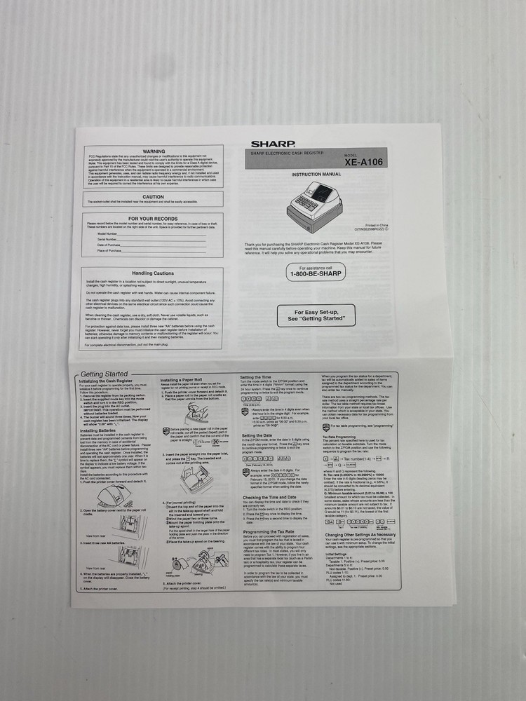 Sharp XE-A102 Cash Register Instruction Manual & Quick Start Guide Only