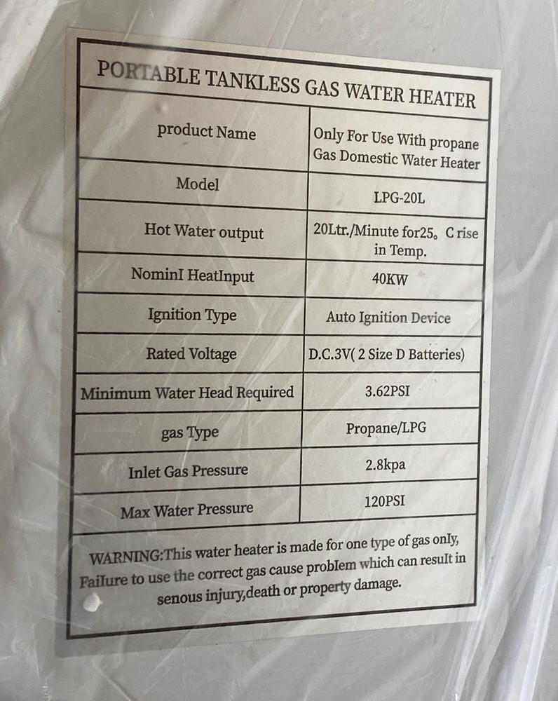 Tankless Water Heater 20L Propane Gas Water Heater Portable Instant LPG-20L New