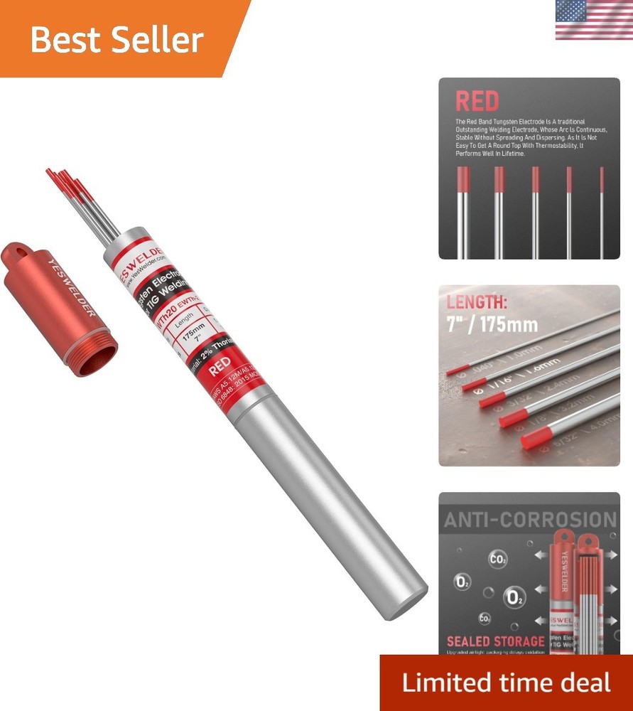 AWS Certified Tungsten Electrode Red Tip 1/16" x 7" - 10 Pack for Precision W...