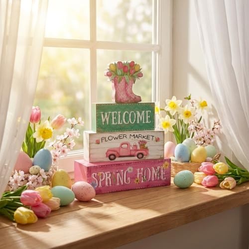 Spring Decorations, 4 Pcs Wooden Spring Table Decorations, Farmhouse Multicolor