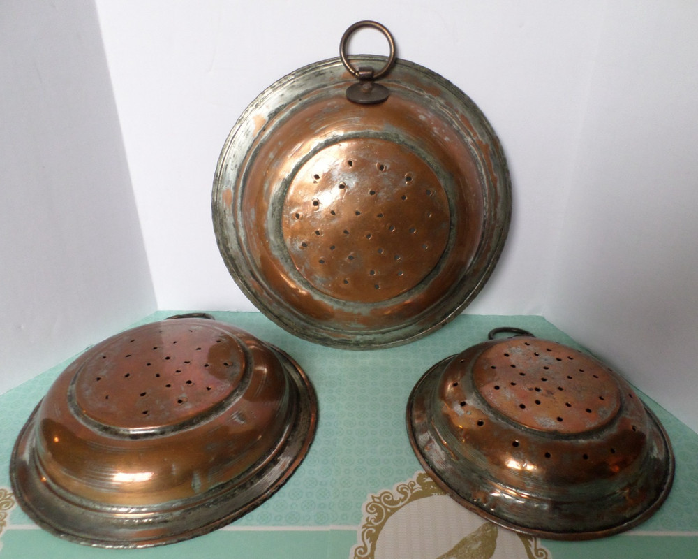 Set of 3 Strainers Colander Copper Wall Hanging with Loop Very Rustic