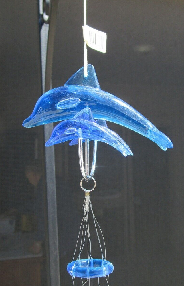 Windchime, Three Blue Dolphins on Stainless Steel Frame, 1 Dangling