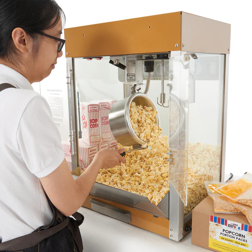 Benchmark Premiere Popcorn Machine 120v Heated Warming Deck Gold Kettle 6 Ounce