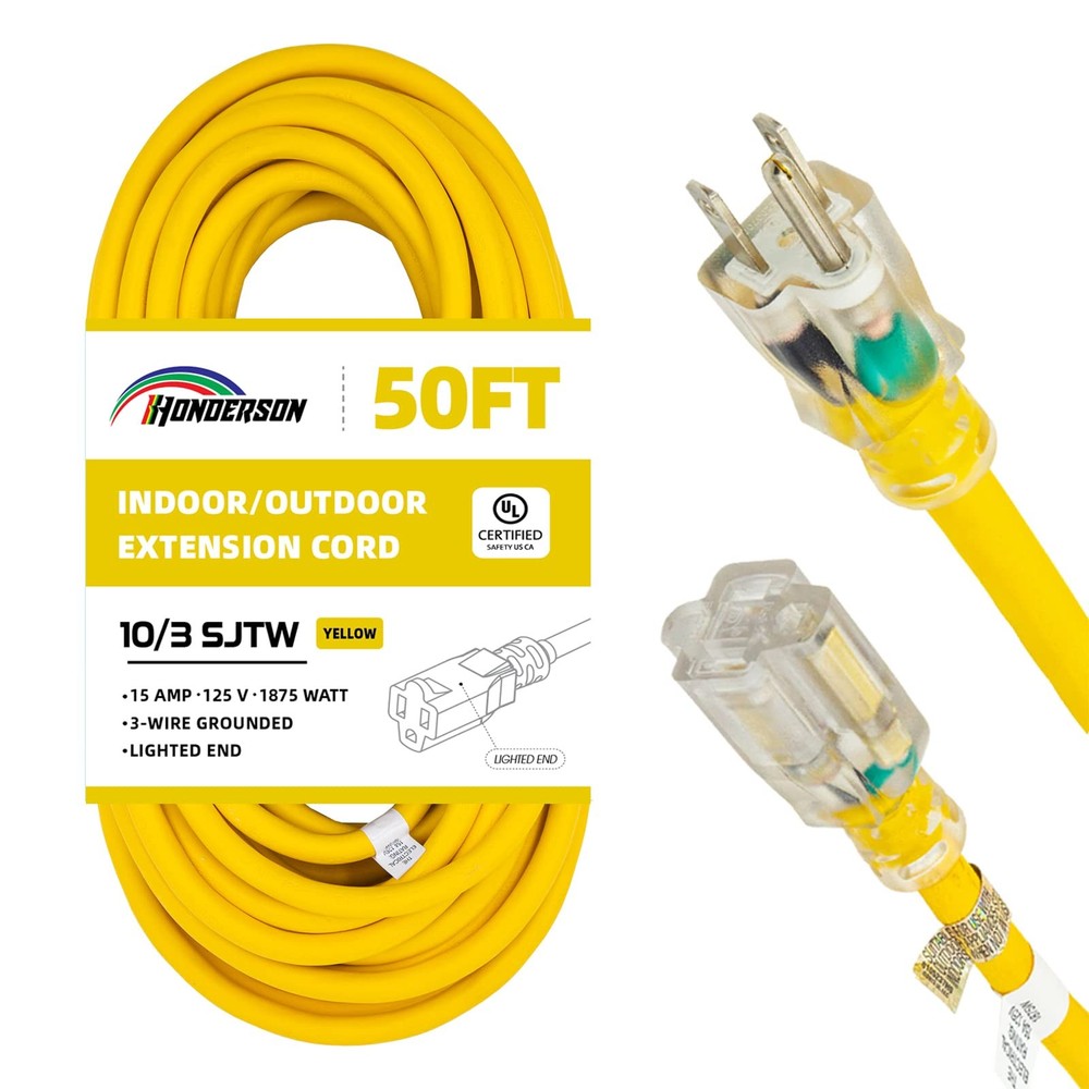 HONDERSON Indoor Outdoor Extension Cord Weatherproof with 50FT, Yellow