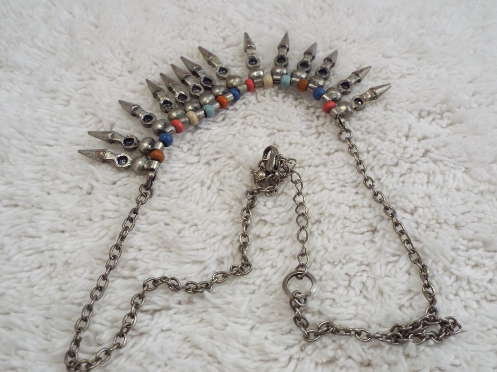 Silvertone Rhinestone Red Blue Bead Spike Necklace (A54)