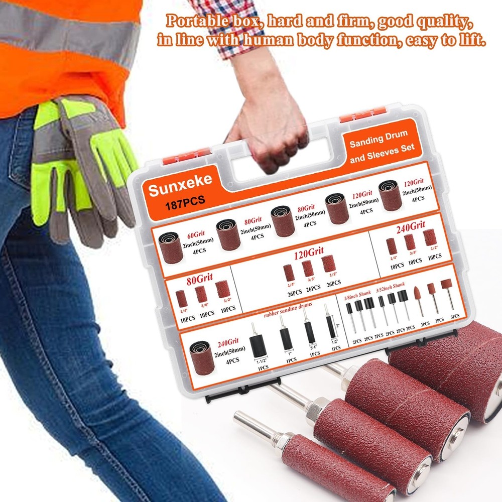 187-Piece Sanding Drum Kit for Drill & Drill Press – Includes 2inch Spindl