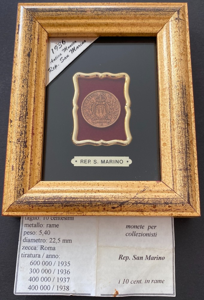 SAN MARINO  10 Centesimi  1936  Framed & Mounted