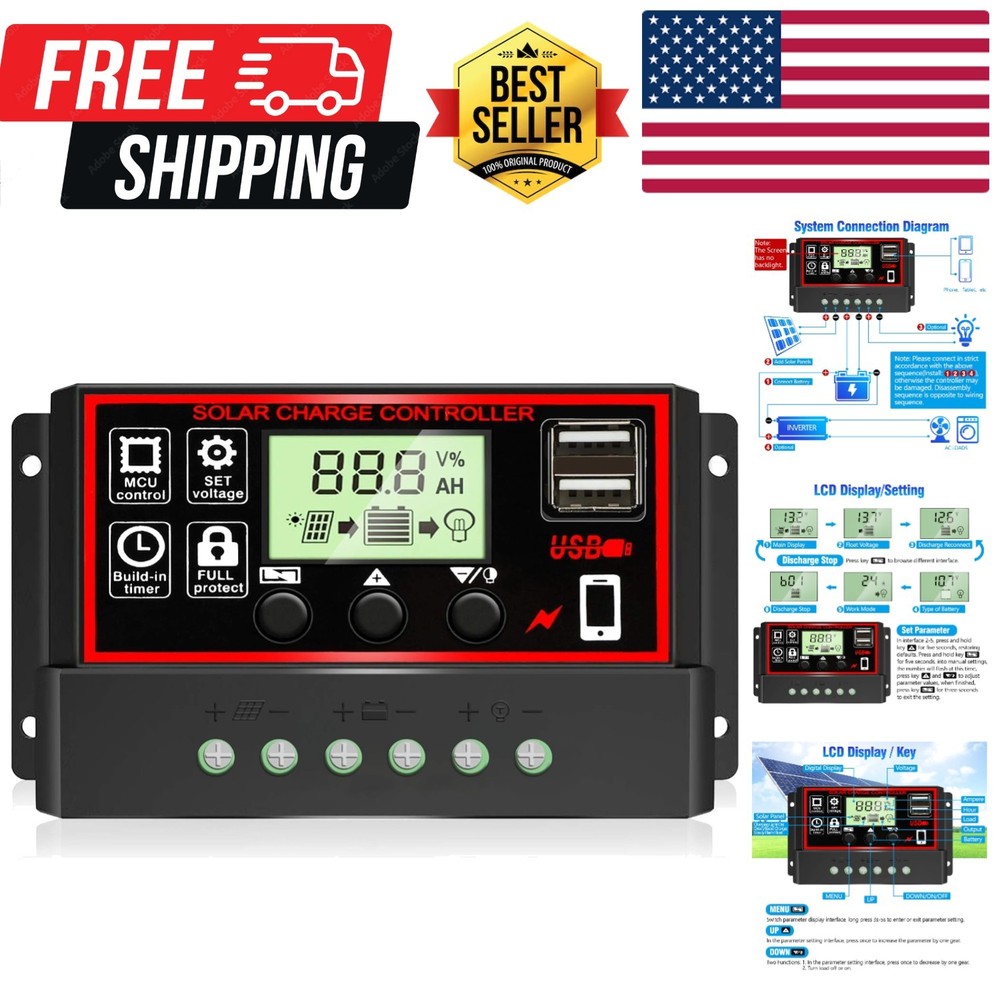 Upgraded] 30A Solar Charge Controller, Black Solar Panel Battery Intelligent ...