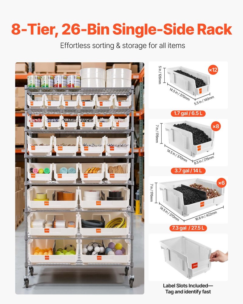 VEVOR Rolling Bin Storage Rack 8-Tier Bin Rack Storage System with 26 Bins