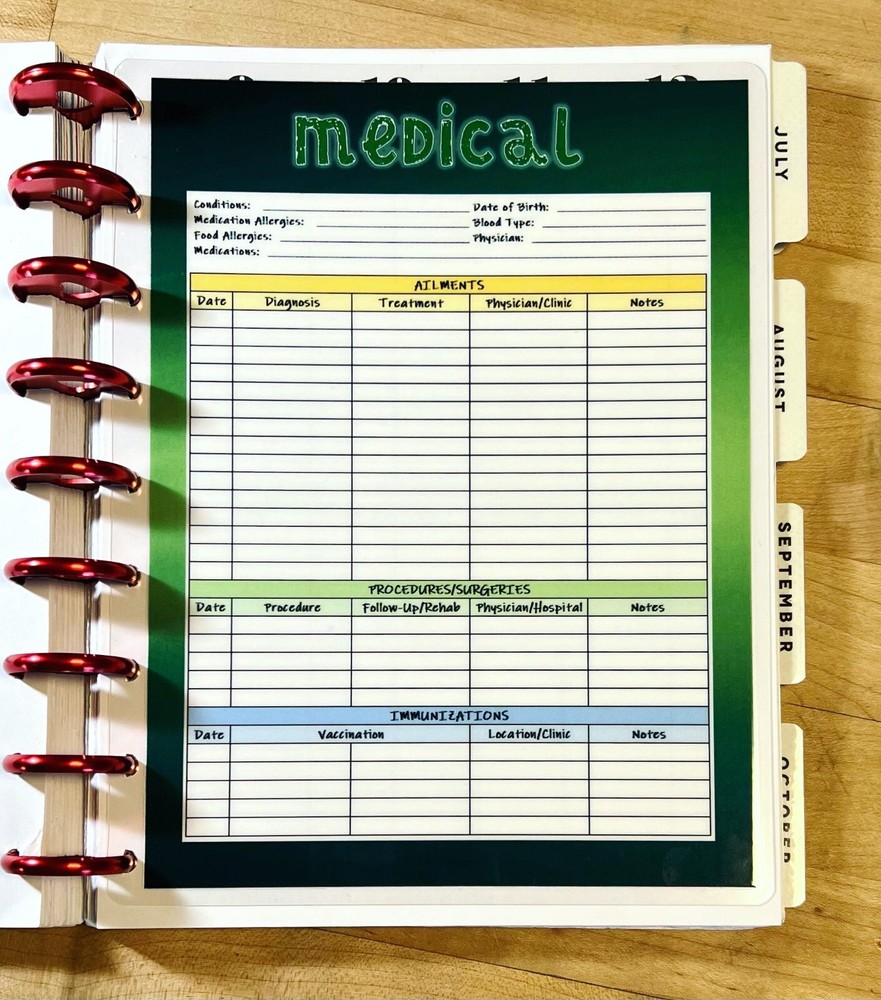 Medical History Tracker Dashboard Insert 4 use with Classic Happy Planner~