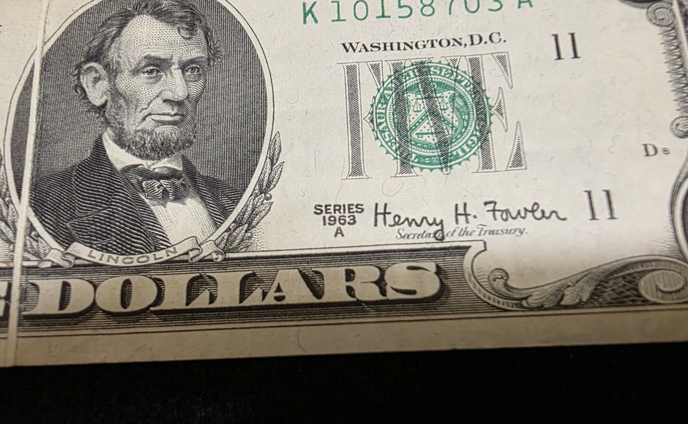 1963 A $5 Error Gutter Fold Federal Reserve Note.