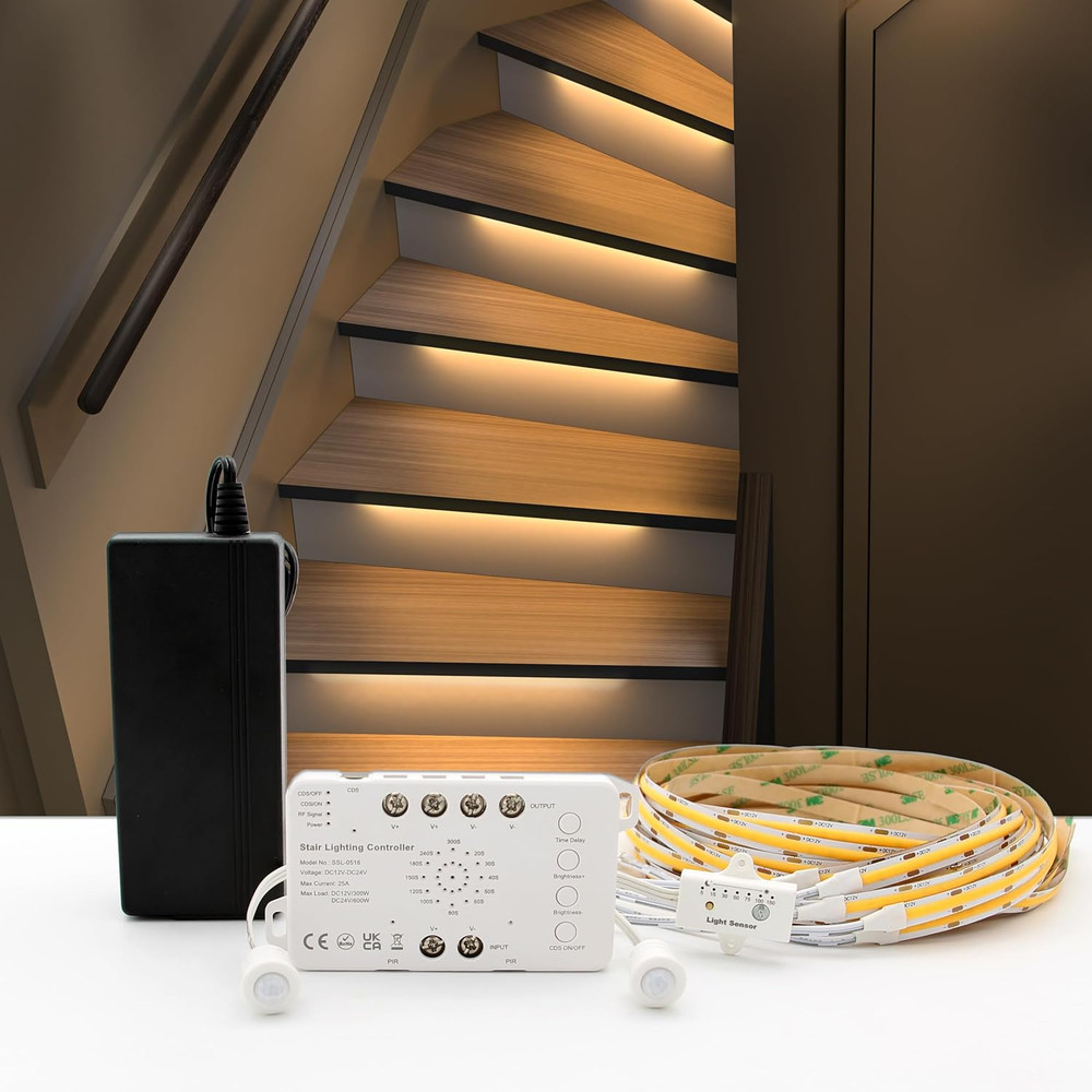Motion Sensor LED Stair Light Kit with Daylight Sensor 12 Step Warm White 20in