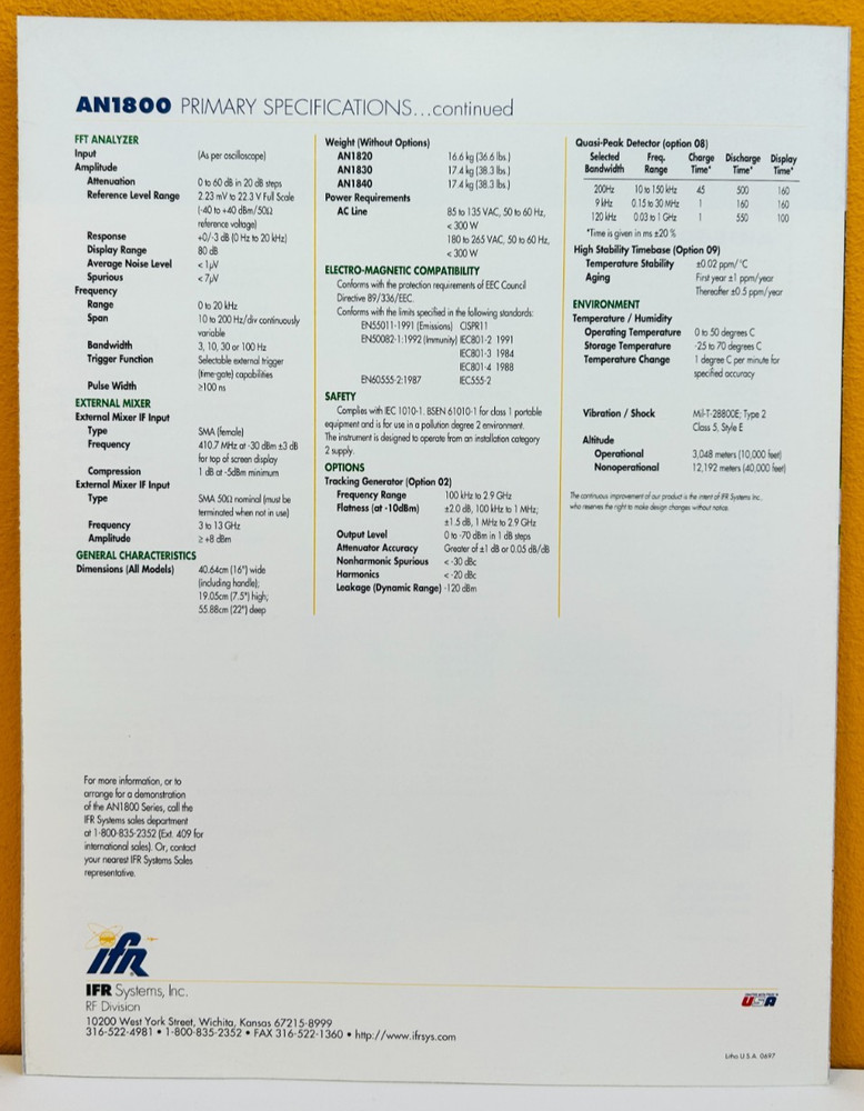 IFR Systems AN1800 Series Primary Specifications Catalog.