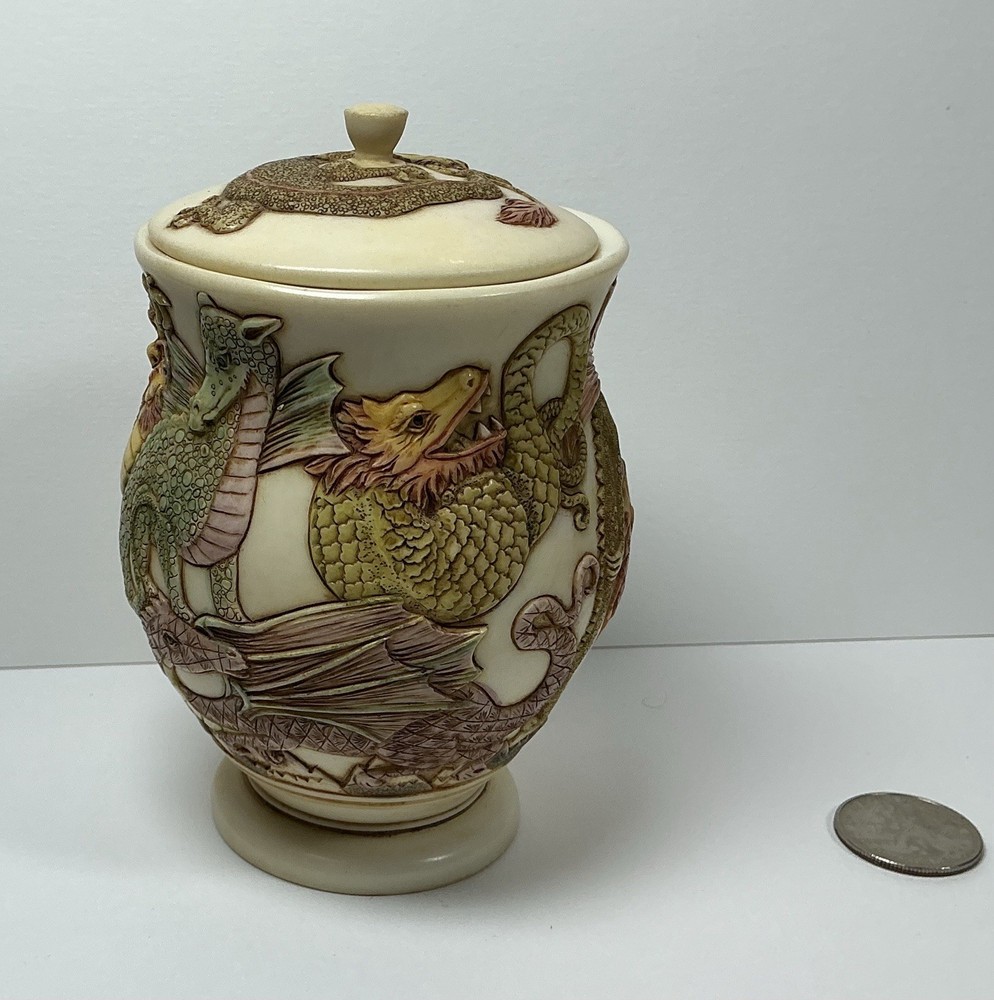 Jardinia Dragon ‘Fire Crackers’ Approximately 5”X6” Lidded Jar
