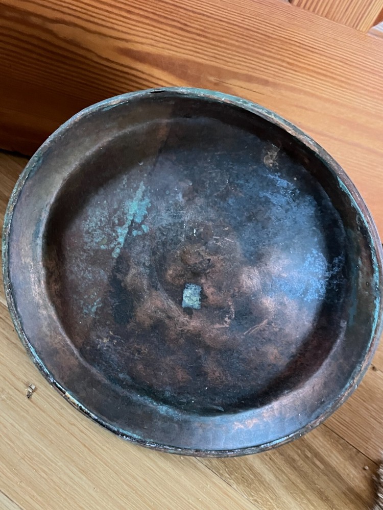 Antique Large Solid Copper Metal Primitive Pitcher w Numbers indicating size –