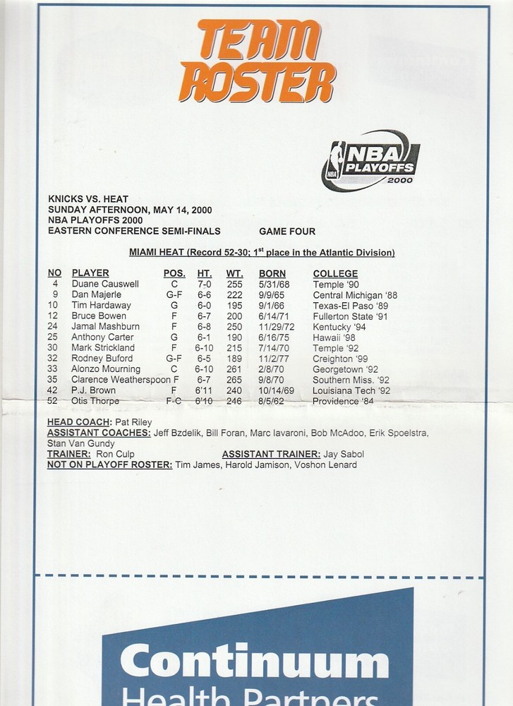 May 14, 2000 Knicks vs Pacers Playoff Basketball Program W/Patrick Ewing 8X10