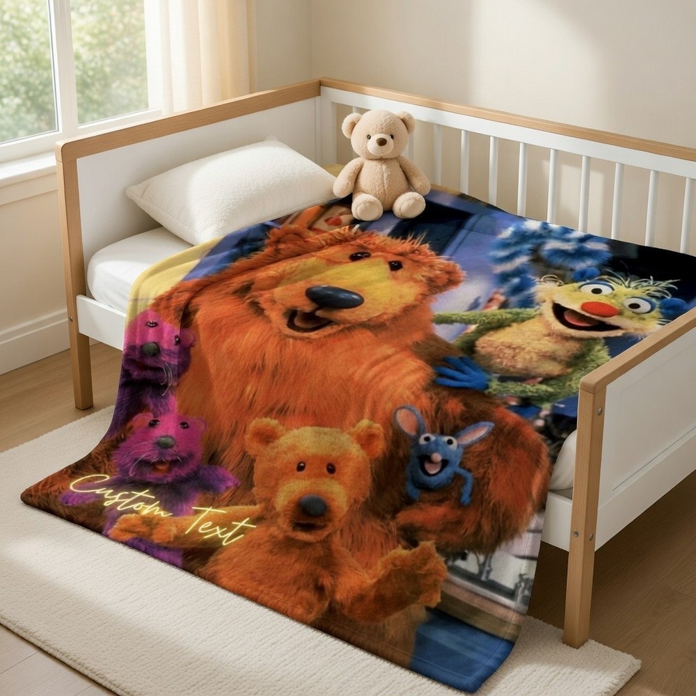 Personalized Cartoon Bear Flannel Blanket Custom Name Kids Gift