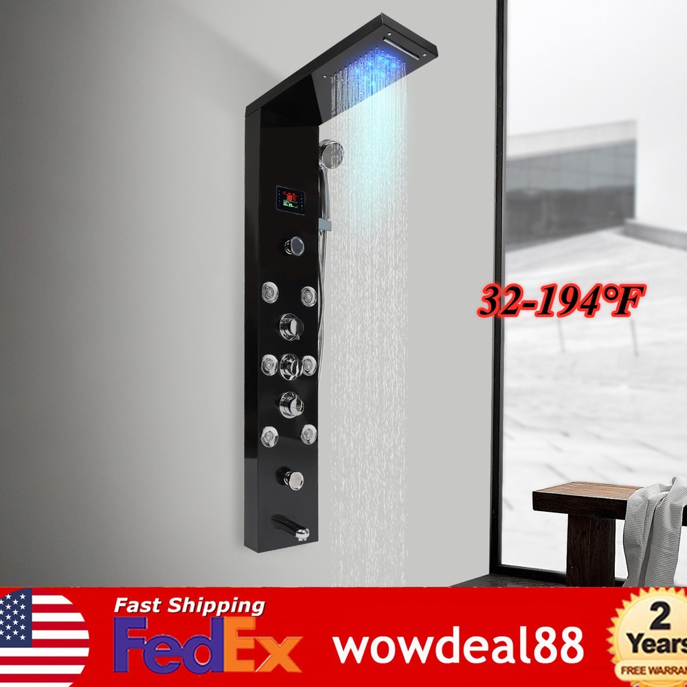 LED Rainfall Head Hand Shower Panel 8Jets Bathrooms Waterfall Jets Faucet System