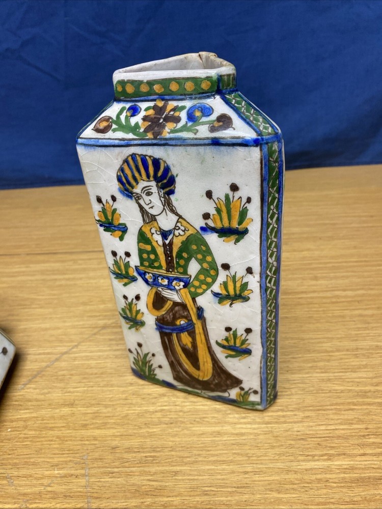 2 Antique Persian Qajar Pottery 9” Triangular 19th Century Vases