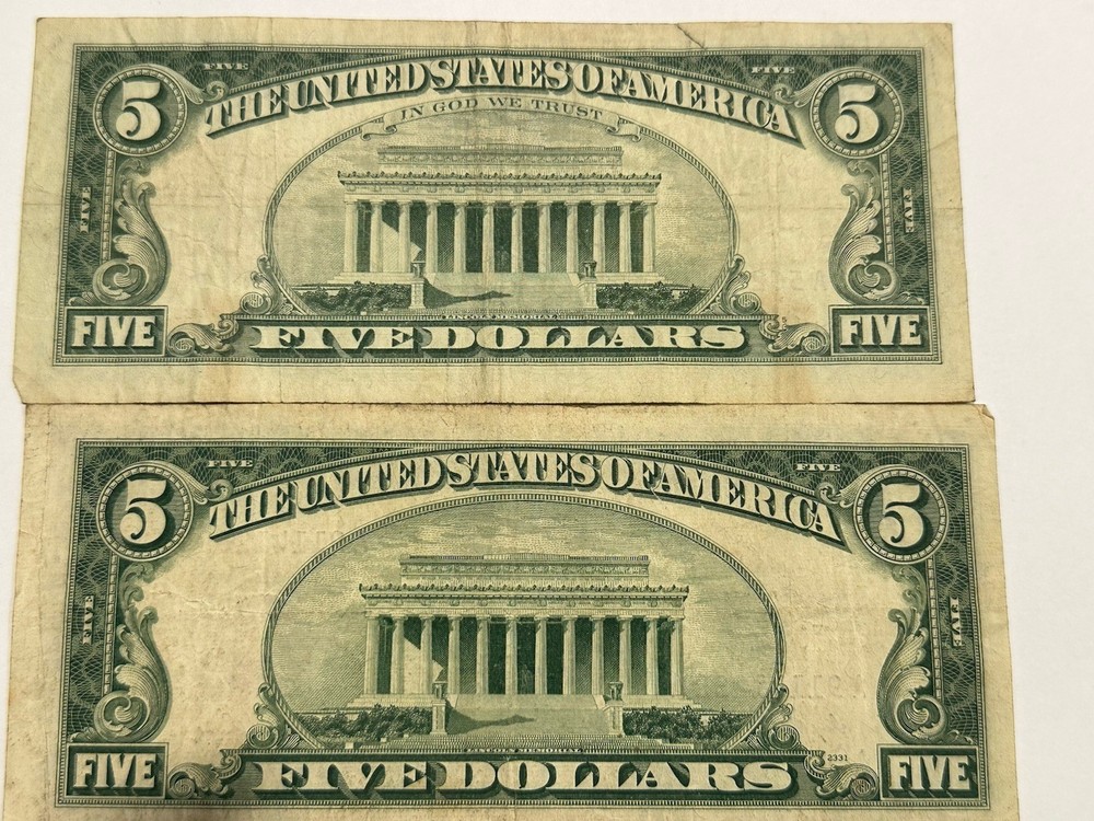1963 $5 Dollar Red Seal Notes (2) Good Shape (whole) D122
