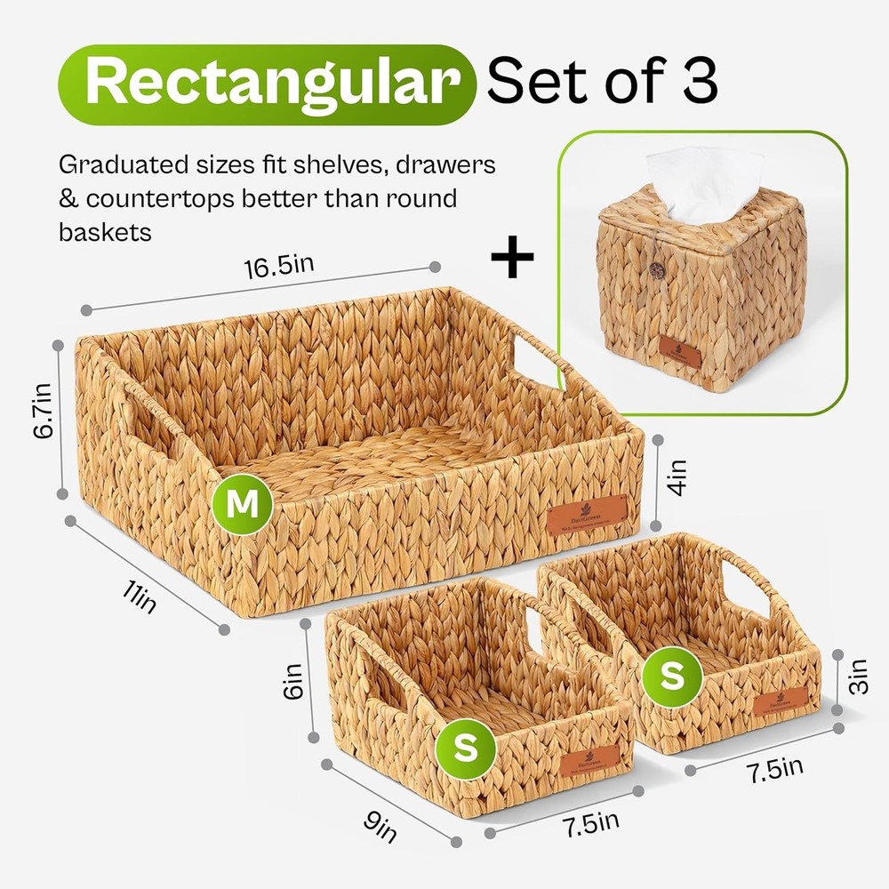 Storage Baskets Shelves Set of 3 Rectangular Open-Top Wicker Storage Bins W/