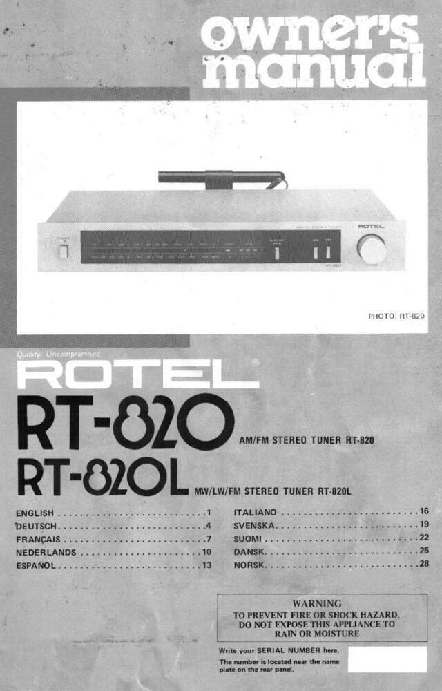Rotel RT-820L Tuner Owners Manual