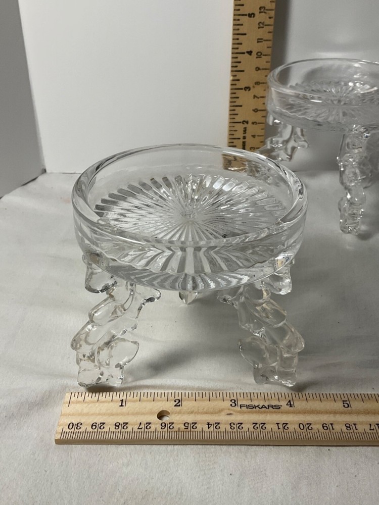 Two glass decorative stemmed candle holders 4” Unique design
