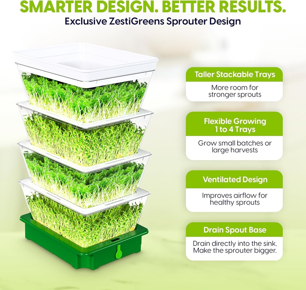 4-Tier Sprouting Kit Stackable Seed Sprouter Trays W/ Drain Spout Grow Fresh
