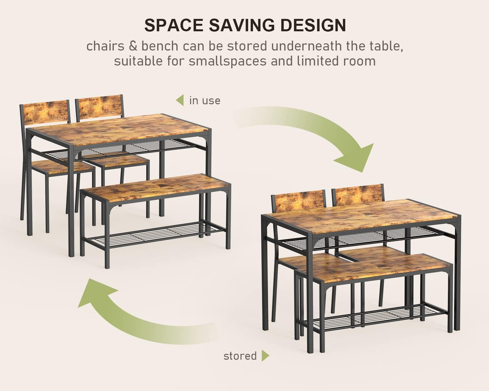 Kitchen Table and 2 Chairs for 4 with Bench, 4 Piece Dining Table Set for Small