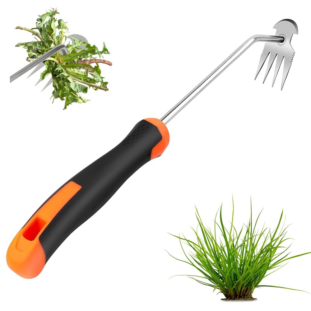 Weed Puller Tool, 2-in-1 Hand Weeder Tool with 4 Sharp Tines & Blade, Mangane...