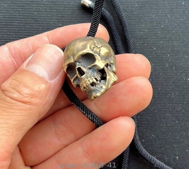 Solid Brass Skull Head Statue Pendant Chain Bead Human Skeleton Model Decor