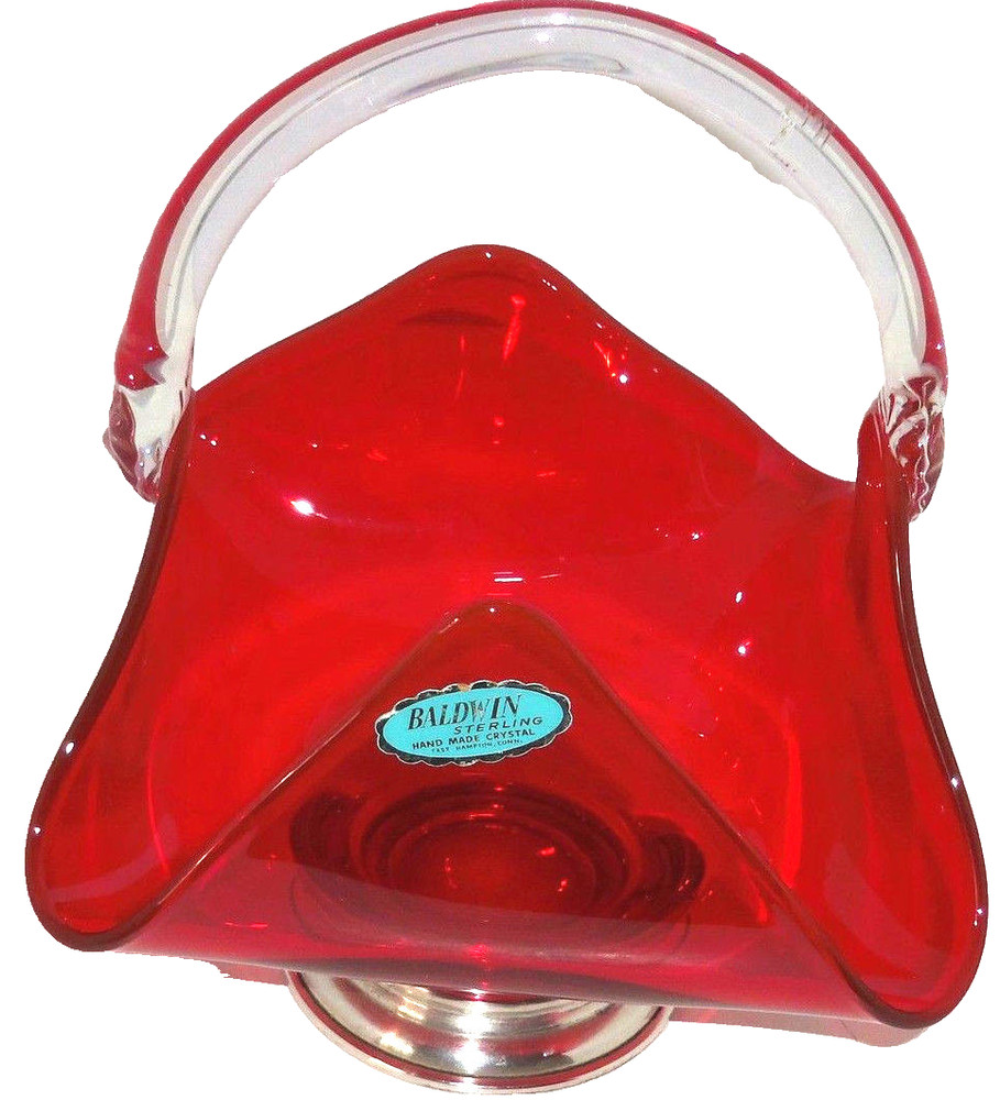 Baldwin Sterling Crystal Ruby Red Basket Clear Handle Silver Base Rare Vintage